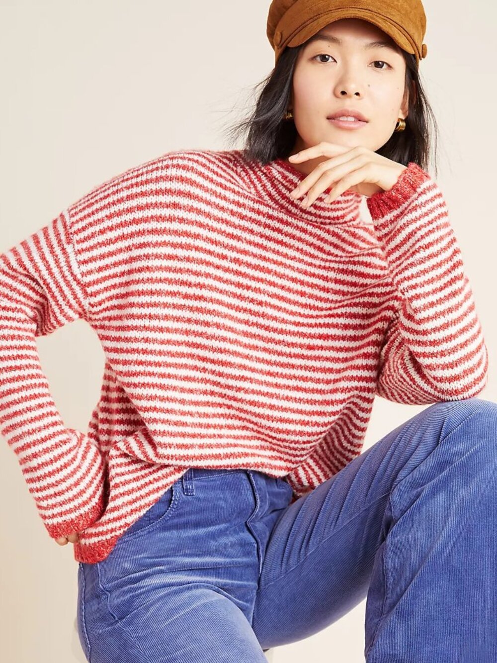 Anthropologie Linnea Mock Neck Knit Striped Sweater - Red/White - Size Medium